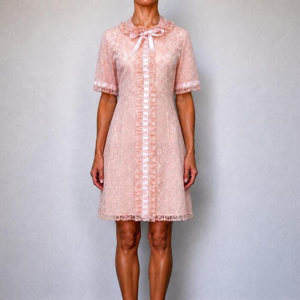 RARE Vintage Odette Barsa 1960s Coquette Pink Lace Babydoll Dress Size M